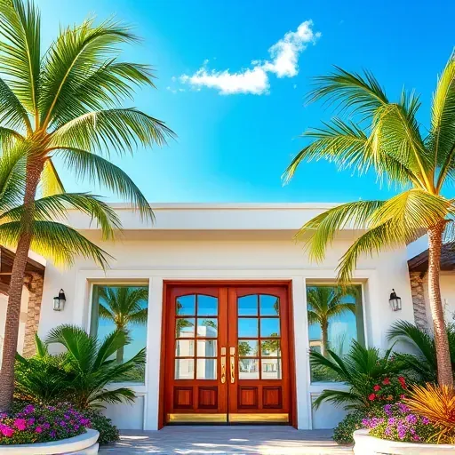 Installation of Impact Windows & Doors in Key West features sleek design and lush tropical surroundings with vibrant colors.