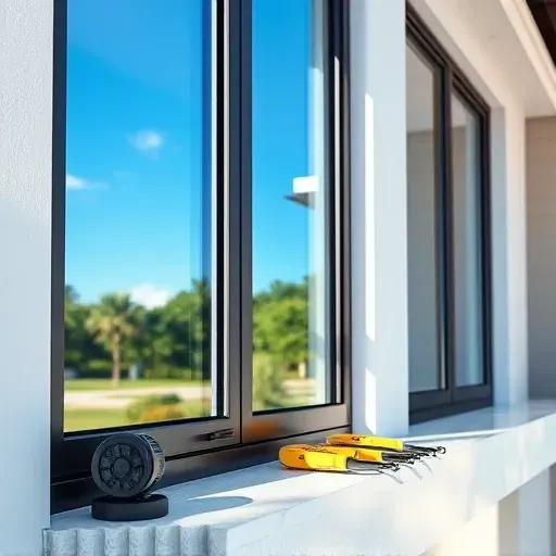 Freshly installed impact window in Pembroke Pines with sleek design, secure frame, reflecting blue sky and lush greenery