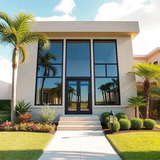 Recently installed impact windows on a stylish Miramar home with lush landscaping and bright Florida sunlight
