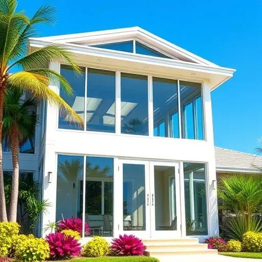 Completed installation of sleek impact windows and doors in Tavernier FL, framed by lush tropical landscaping and blue sky.