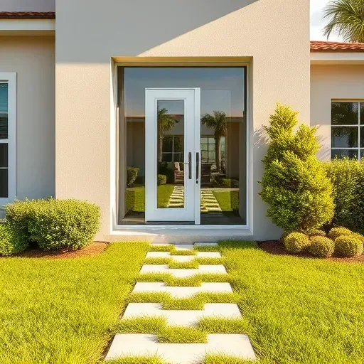 Impact window installed on modern Sunrise Florida home with clear glass, sturdy frame, and lush yard in sunlight