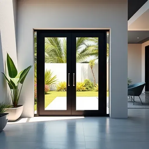 Freshly installed black-framed double-pane French door in Kendall FL with lush tropical plants and a sunny patio