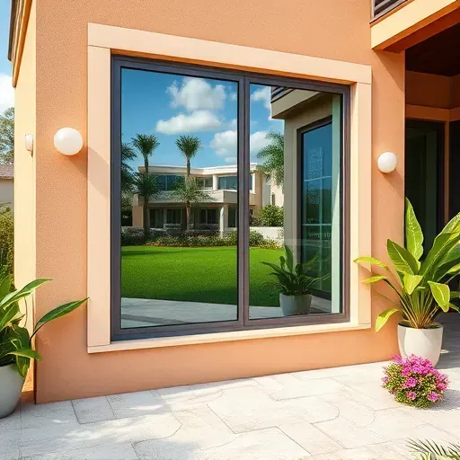 Freshly installed impact window in South Miami with sleek frames, reflecting sunny sky and lush tropical landscape.