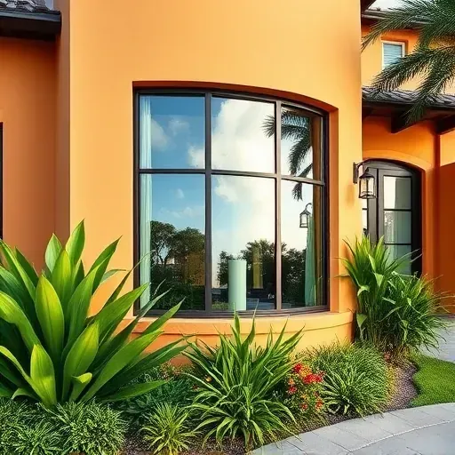 Modern impact window installed in a South Miami home with tropical landscaping and sunny Florida sky reflection