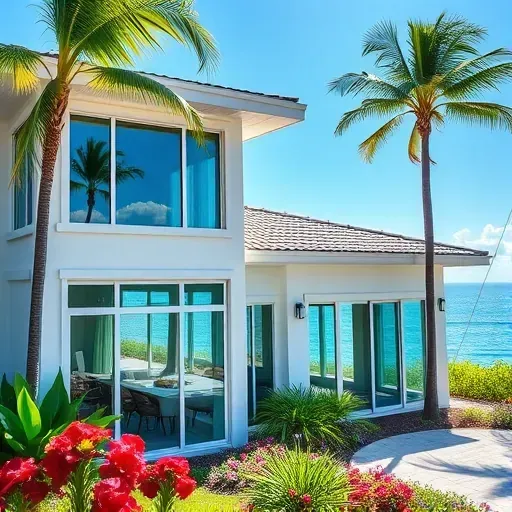 Modern Pompano Beach home with energy-efficient impact windows, lush landscaping, and tranquil coastal setting.