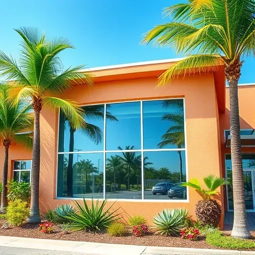 Impact window installation in Key West, modern building with crystal-clear windows, tropical landscape, sunny day.