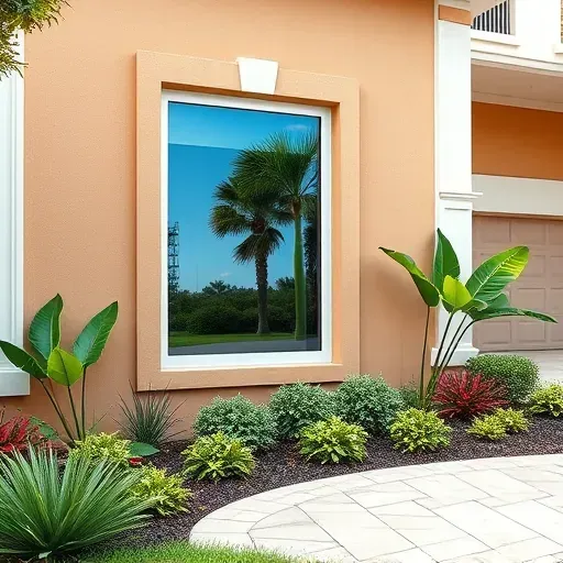 Seamless impact window installed in a modern Coral Springs home reflecting blue sky and greenery with sleek metallic frame