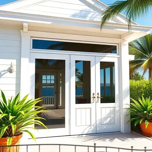Impact windows and doors in a Key West home, showcasing sleek frames, reflective glass, and coastal charm in sunlight.