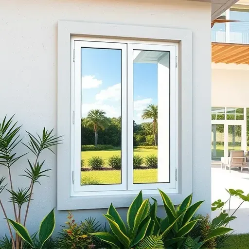 Freshly installed impact window in modern Coconut Grove home reflecting bright Florida sky amid lush tropical garden