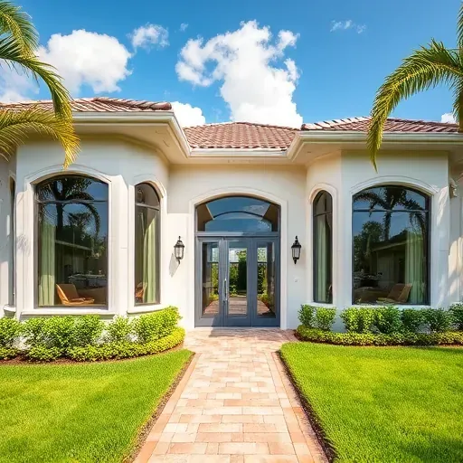 Beautiful home with modern impact windows and doors reflecting Florida sunshine and surrounded by lush greenery.