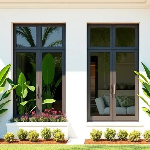 Installation of impact windows and doors in Lauderhill FL showcasing a modern home with lush landscaping and bright lighting.