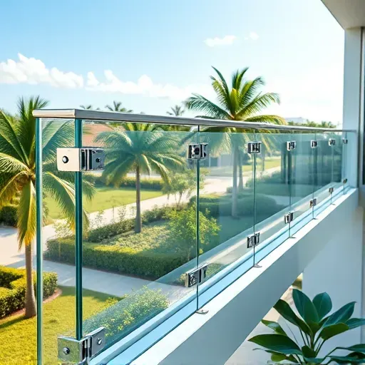 Modern glass balcony railing with stainless steel clamps in a lush tropical setting in Kendall Florida