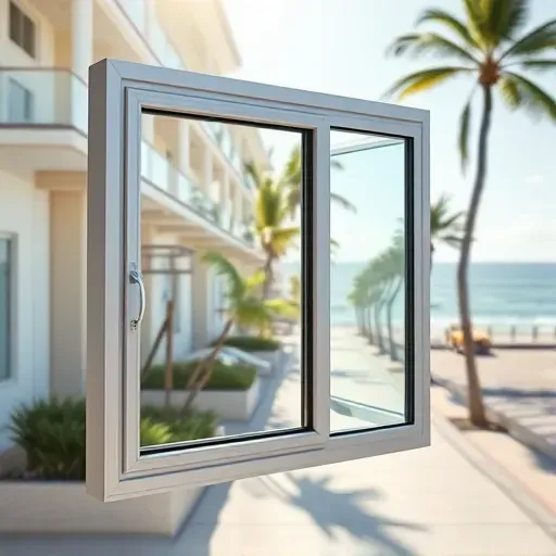 Close-up of a sleek impact window on a modern Miami Beach home with palm trees, pastel buildings, and ocean views behind.