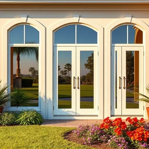 Installation of impact windows and doors with elegant frames, reflecting a lush landscape and vibrant flowers.