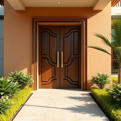 Newly installed dark wood business entrance door with metallic hardware, stucco exterior, tropical plants, and polished pathway in Kendall FL