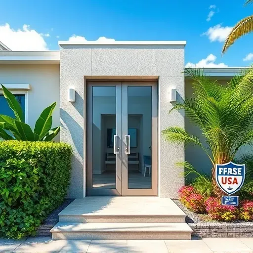 Recently installed impact door in Kendall Florida with sleek design, glass panels, tropical landscape on a sunny modern home