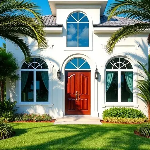 Impact windows and doors shine in sunlight on a stylish home in Cutler Bay, FL, showcasing tropical landscaping.