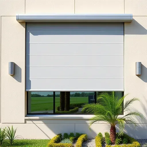 Horizontal roller window with aluminum frame, rolled fabric blind, modern exterior, lush greenery, Kendall Florida