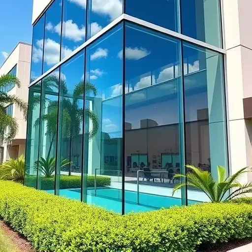 Modern commercial building in Kendall Florida with sleek glass installation, reflecting surroundings and blue sky, lush landscaping