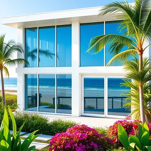Impact Windows and Doors installation in Marathon FL features modern design, glass doors, tropical landscaping, and ocean view.