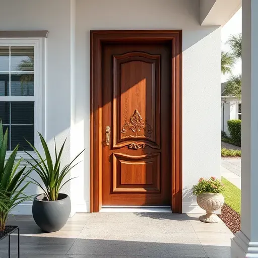 Finished custom wooden door installation in Kendall Florida with intricate carvings, polished surface, and elegant hardware