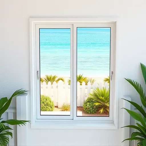 Impact window installed in Marathon Florida with sleek frame, clear glass, coastal scenery, and lush greenery.
