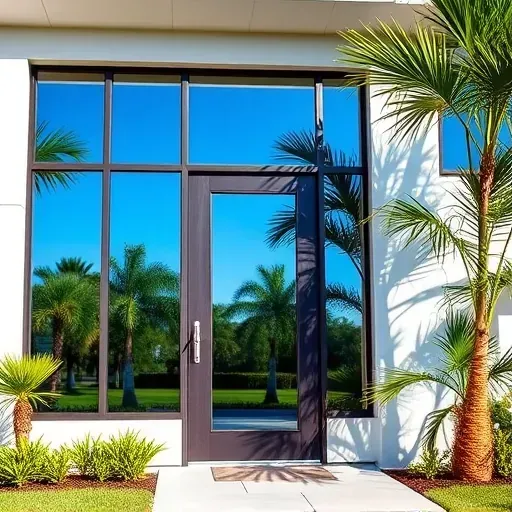 Impact windows and doors installed in modern Lauderhill home reflecting blue sky and tropical greenery, showcasing durability.