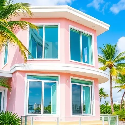 Modern home in Key West with vibrant impact windows and doors surrounded by tropical greenery and blue skies.