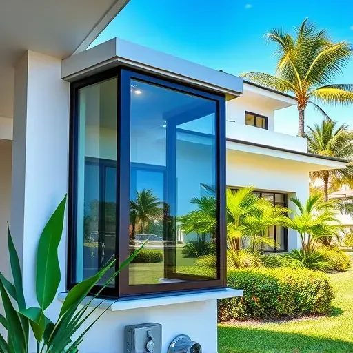 Freshly installed impact window in modern Cutler Bay Florida home reflecting lush greenery and vibrant sky