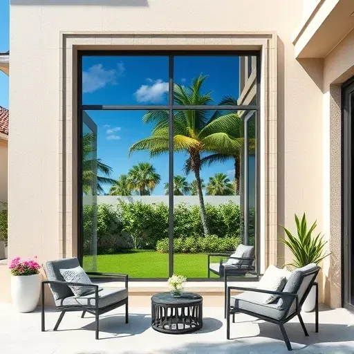 Impact window installation in Kendall, FL with modern design, lush landscape, and serene outdoor ambiance.