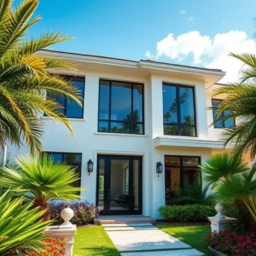 Elegant Impact Windows and Doors in Coconut Grove FL enhance a stylish home with tropical landscaping and a clear blue sky.