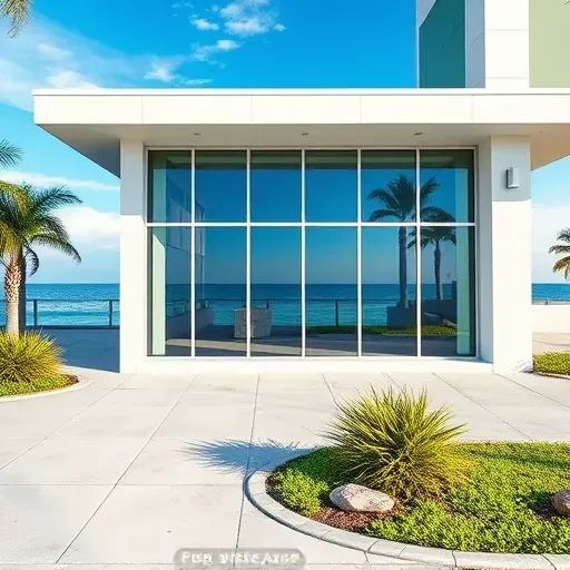 Freshly installed impact windows on a modern building facade in Hallandale Beach Florida reflecting coastal scenery and bright sunlight