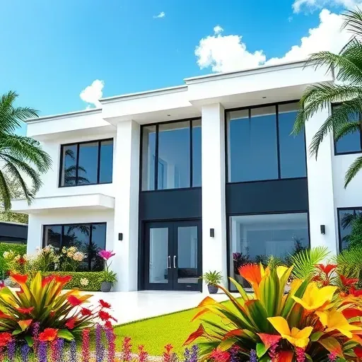 Impact Windows & Doors enhance a sleek Hialeah home with white walls, dark accents, and tropical garden scenery.