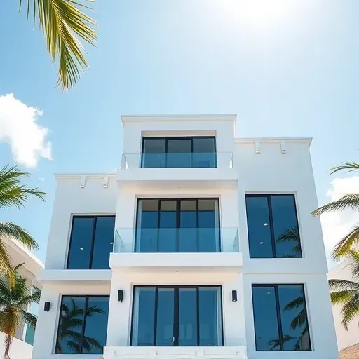 Modern residential building in North Miami showcasing stylish impact windows and doors framed by tropical palm trees.