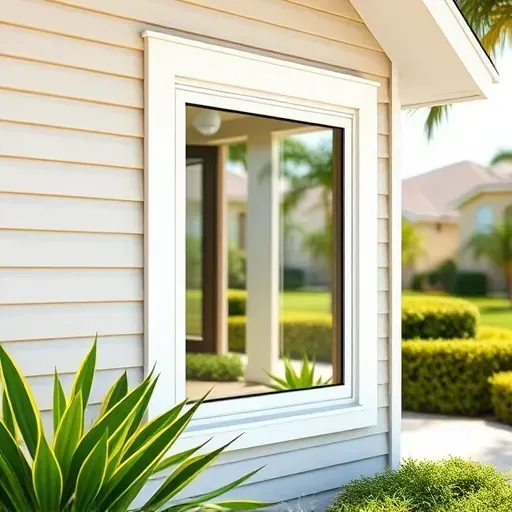 New impact window installed in Coral Springs Florida reflecting bright sunlight on a modern home with lush landscaping