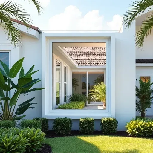 Modern home with a clear impact window in Coconut Creek Florida amid lush greenery and sunny sky
