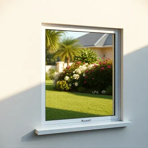 Freshly installed impact window in Kendall FL with sleek frame, lush garden view, showcasing high-quality craftsmanship.