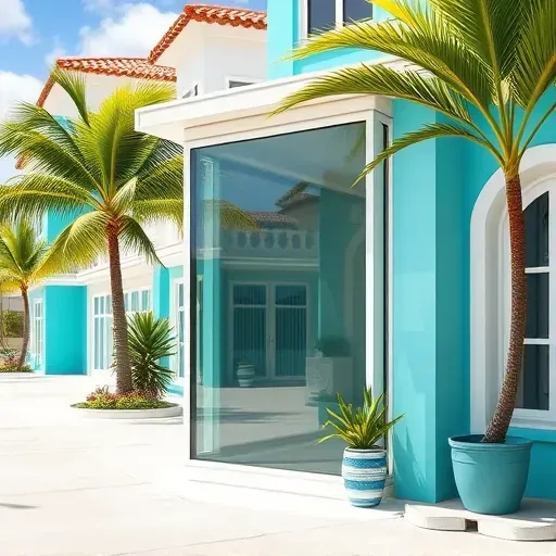 Freshly installed impact window on a vibrant Miami home with Mediterranean details, lush palm trees, and sunny coastal atmosphere