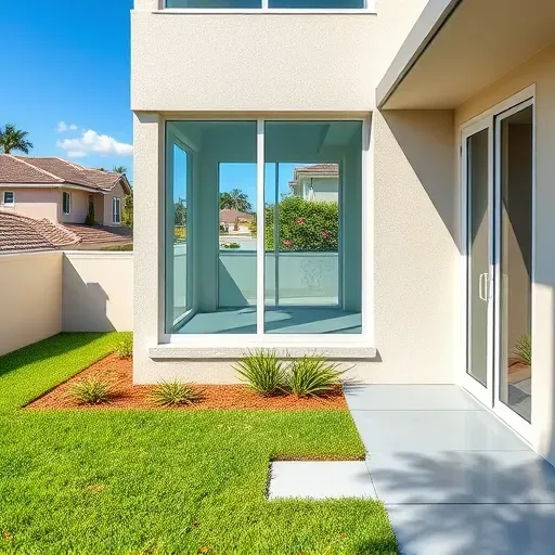 Impact window installation in a modern Kendall FL home, showcasing clear glass, lush landscaping, and suburban charm.