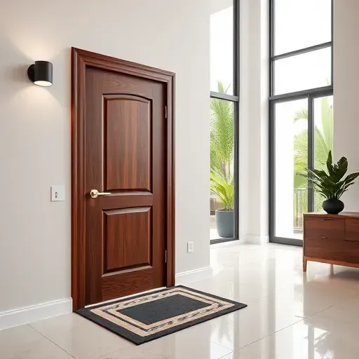 Beautiful custom door with detailed wood grain, elegant hardware, and tropical garden view in upscale Florida home