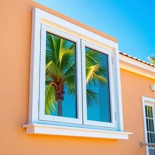 Pristine impact window on a modern coastal home in Key West with tropical reflections, sleek frames, and sunny warm exterior