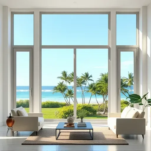 Impact windows and doors in a sunlit Cutler Bay living room, framed elegantly with tropical views outside.