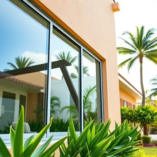 Pristine impact window installation on a modern Florida home showing clear impact glass, sleek frames, lush landscaping, and sunny sky