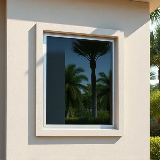 Impact window installation on modern residence in Kendall FL, surrounded by tropical plants and soft natural lighting.