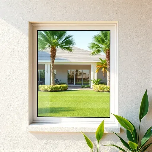 Fresh impact window installed in a modern Sunrise FL home, showcasing clear glass and sleek framing amid tropical plants.
