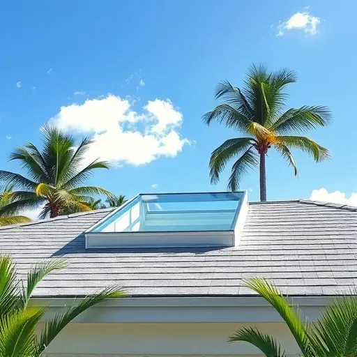 Freshly installed skylight on a Kendall FL roof with lush greenery and blue sky background, highlighting craftsmanship and clarity