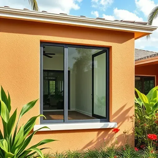 Close-up of a sleek frameless impact window in a modern Kendall home, showcasing durability and tropical landscaping.