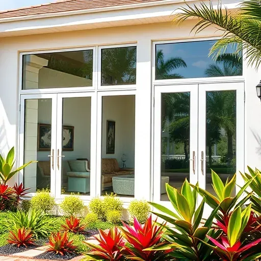 Completed installation of modern impact windows and doors in Pembroke Pines FL with a vibrant tropical garden backdrop.