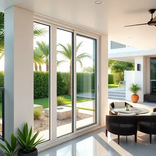 Newly installed impact window in Aventura Florida showcasing sleek glass, sturdy frame, landscaped yard, and modern patio