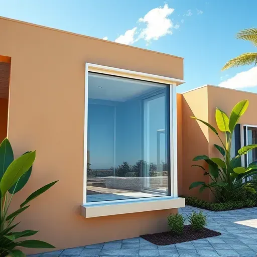 Modern impact window installed in a Florida home reflecting sunlight and lush greenery in a coastal styled exterior